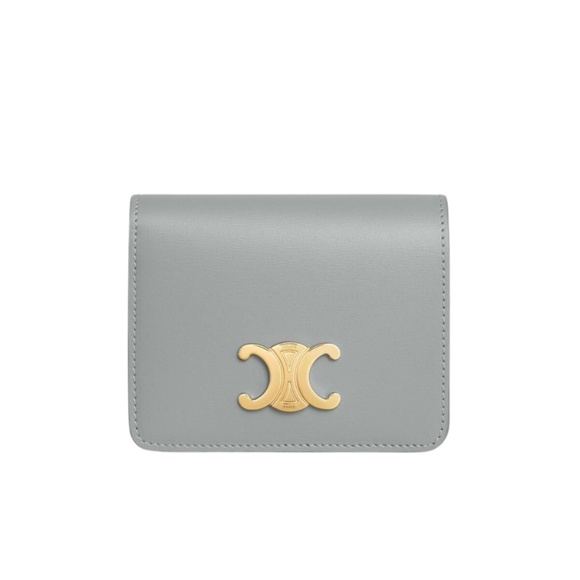 Celine Triomphe Compact Wallet In Shiny Calfskin With Gold Finishing Pearl Blue - Picture 1 of 3